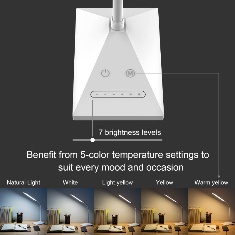 RAOYI LED Desk Lamp, 12W Dimmable Table Lamp Eye-Caring Reading Light with USB Charging Port Touch Control 5 Color Modes 7-Level Brightness Adjustable for Office Home Bedroom (White) - Image 2